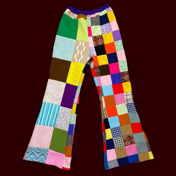 Vintage Pants - Vintage 70’s Handmade Colorful Patchwork Hippie Festival High Rise Flare Pants
